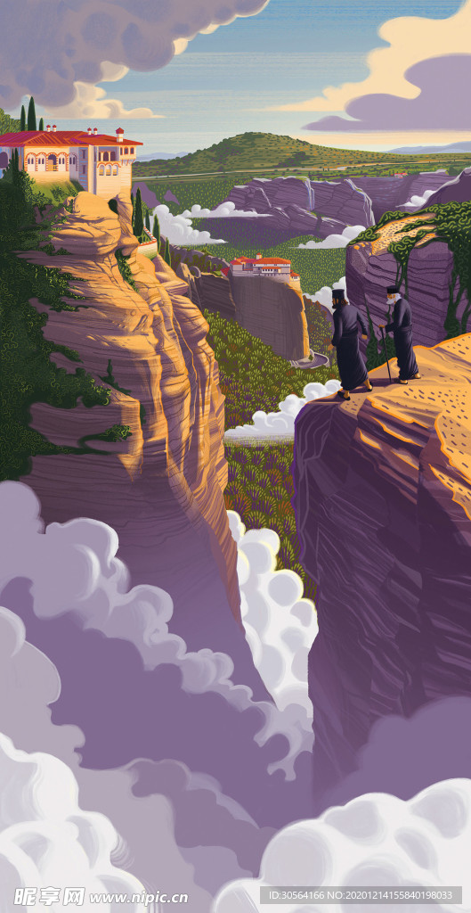 悬崖峭壁卡通插画场景背景素材