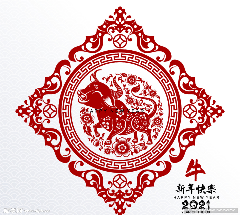 牛年春节剪纸风格海报