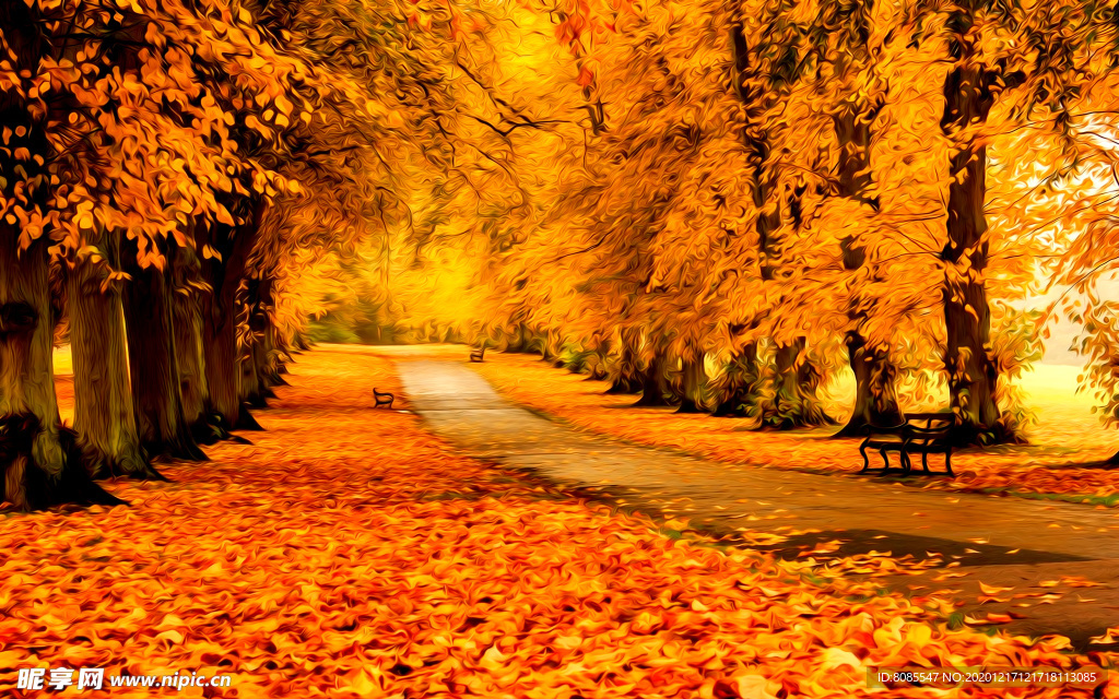 秋天落叶风景油画