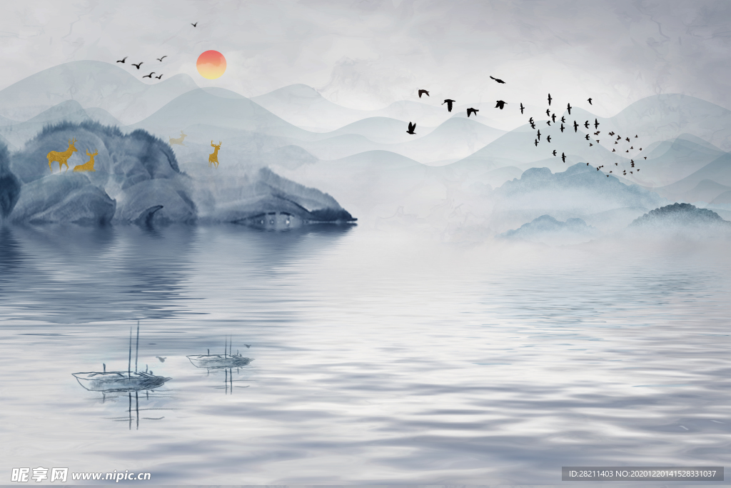 山水画 中式背景墙 装饰画