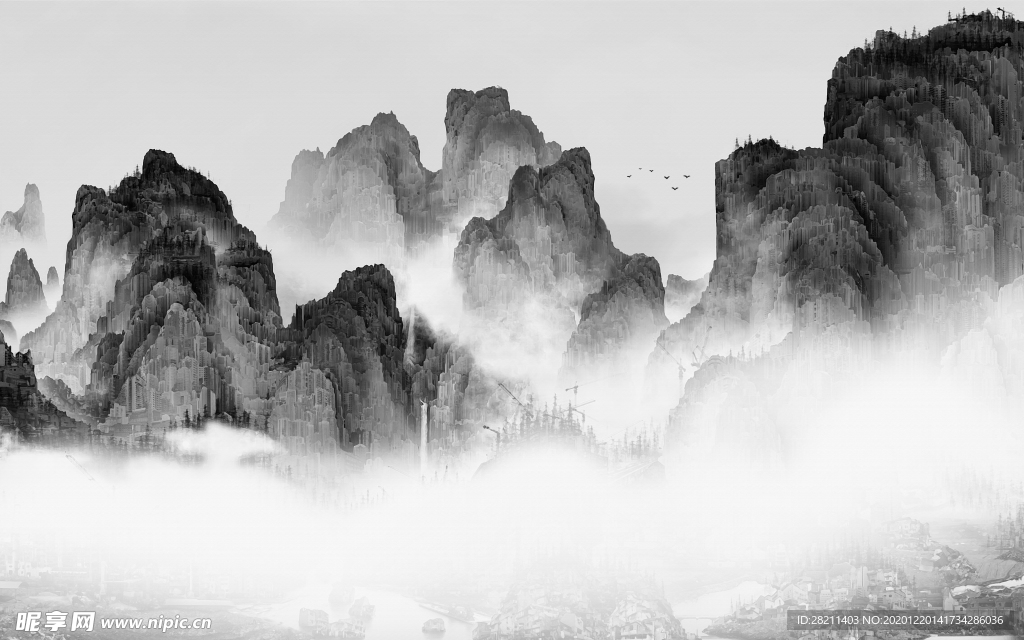 山水画 中式背景墙 装饰画