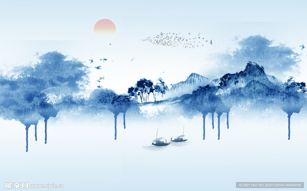 水墨画山水画背景墙中式
