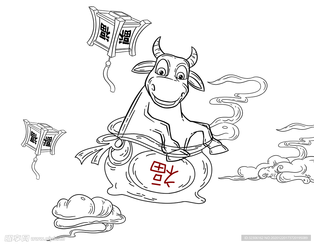 牛年中国风国潮插画-线稿
