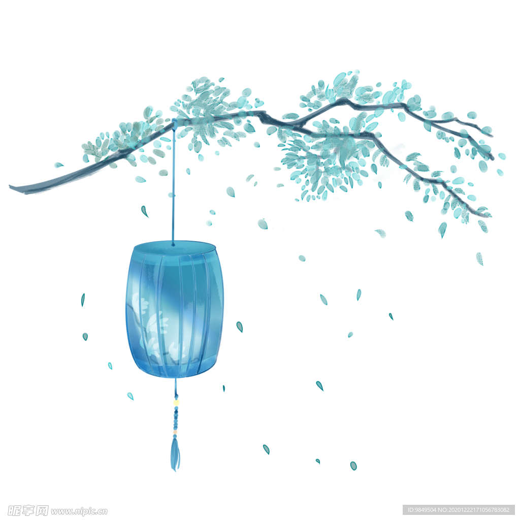 中国风蓝色灯笼梅花元素PNG