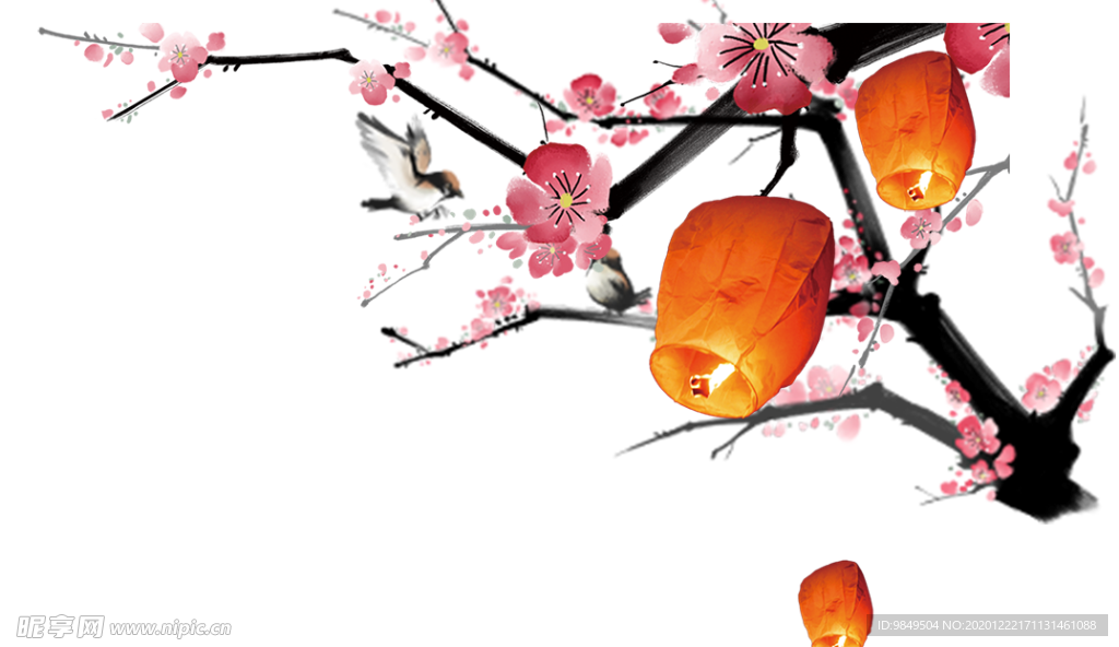 中国风灯笼梅花元素PNG