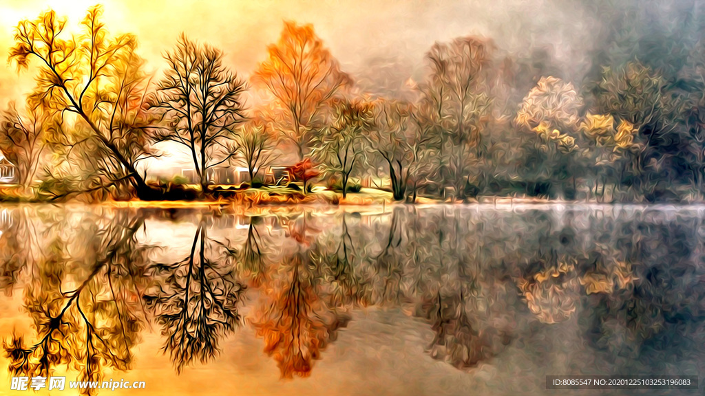 山水 风景油画 岩石 树阴 秋