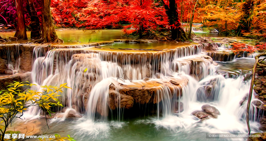 瀑布风景油画