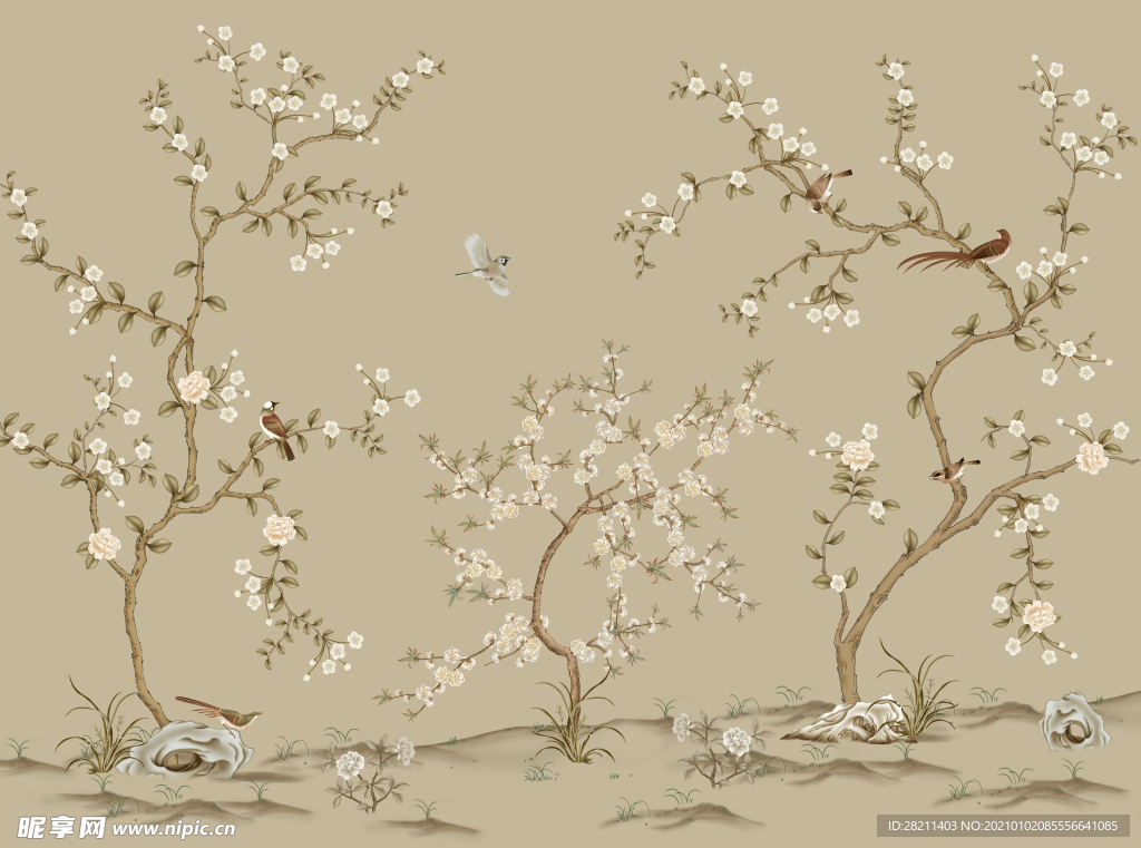 花鸟背景墙 中式背景墙 装饰画