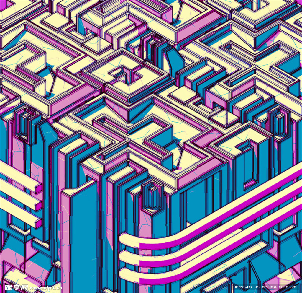 C4D模型扁平化字母迷宫隧道