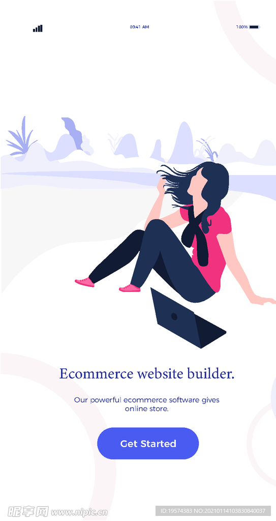 插画扁平网页女孩户外风电脑