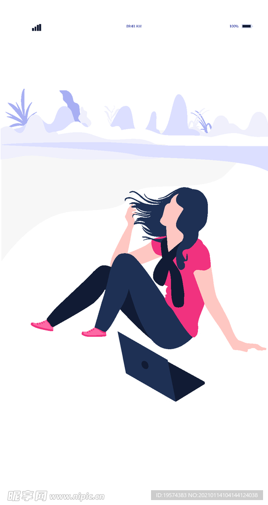 插画扁平网页女孩户外风电脑