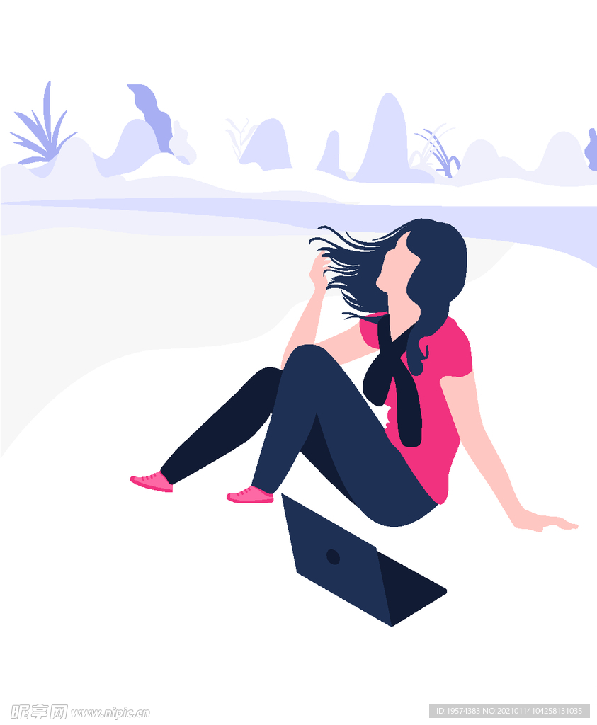 插画扁平网页女孩户外风电脑