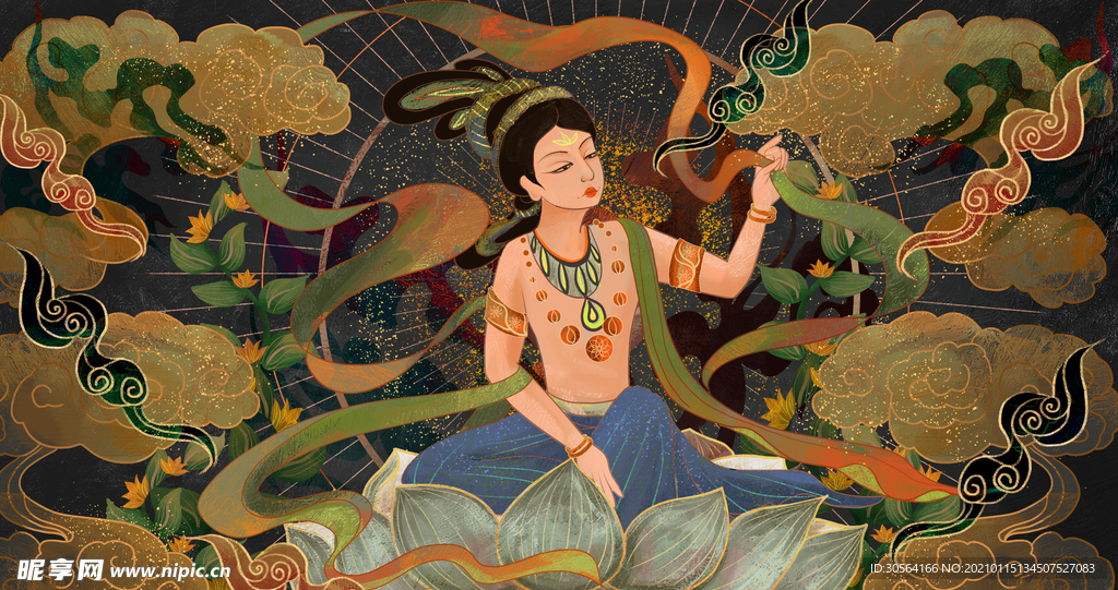 敦煌壁画复古插画背景素材