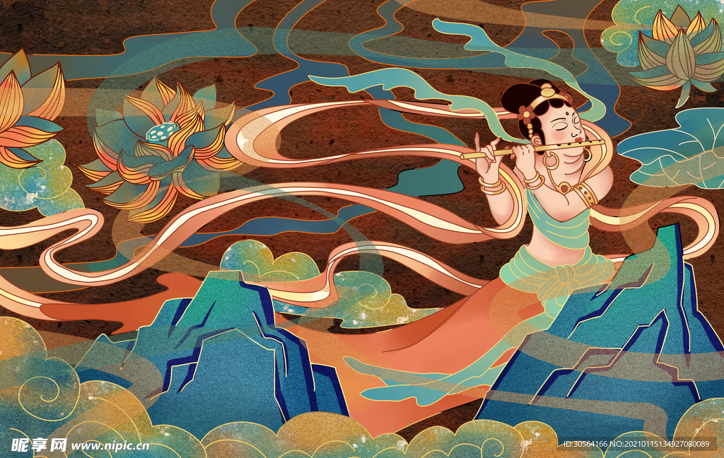 敦煌壁画复古插画背景素材