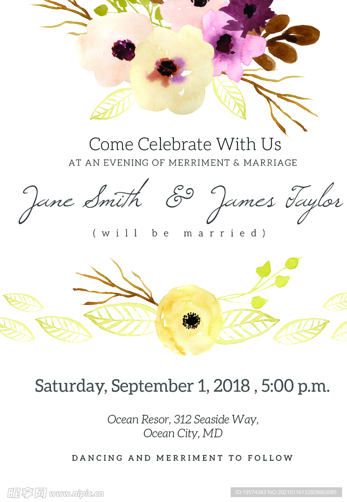 水彩婚礼邀请函集手绘花朵