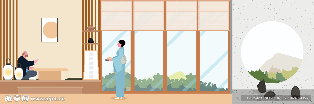 扁平化日本风格场景插画设计图片