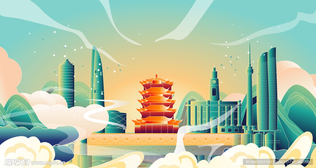 AI矢量手绘武汉黄鹤楼插画
