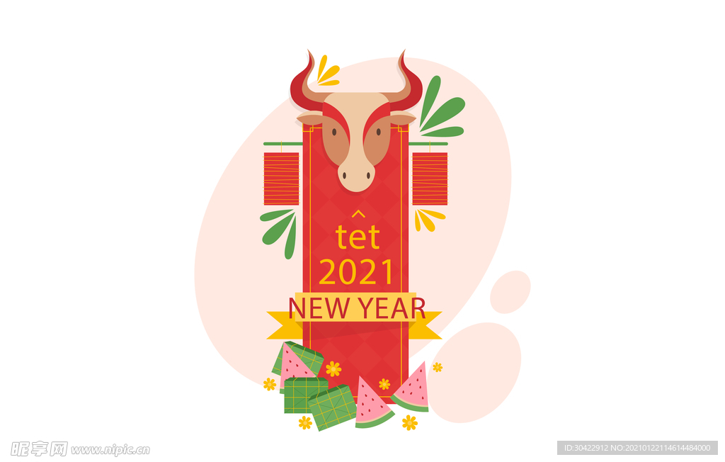AI矢量牛年春节年画新年插画