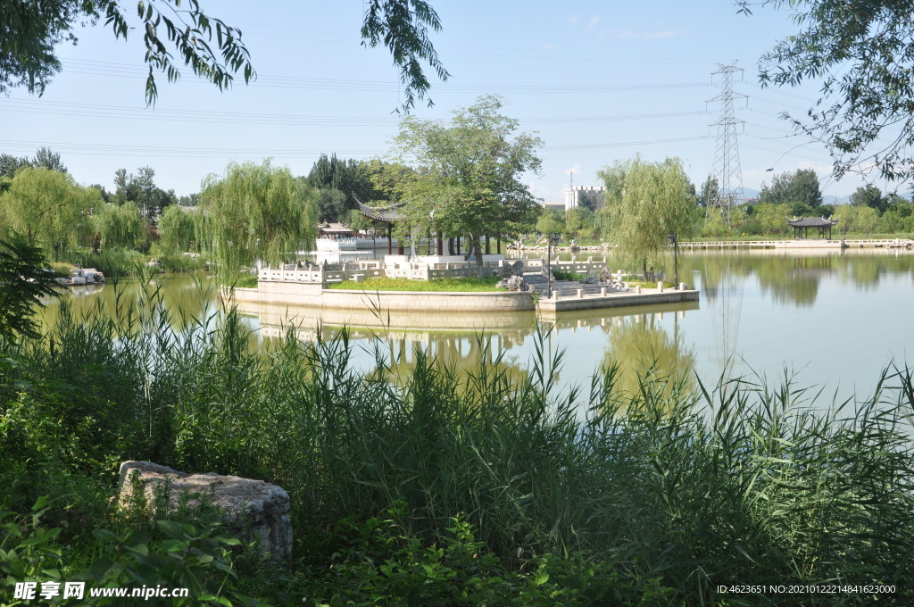 从岸边眺望水中的小岛