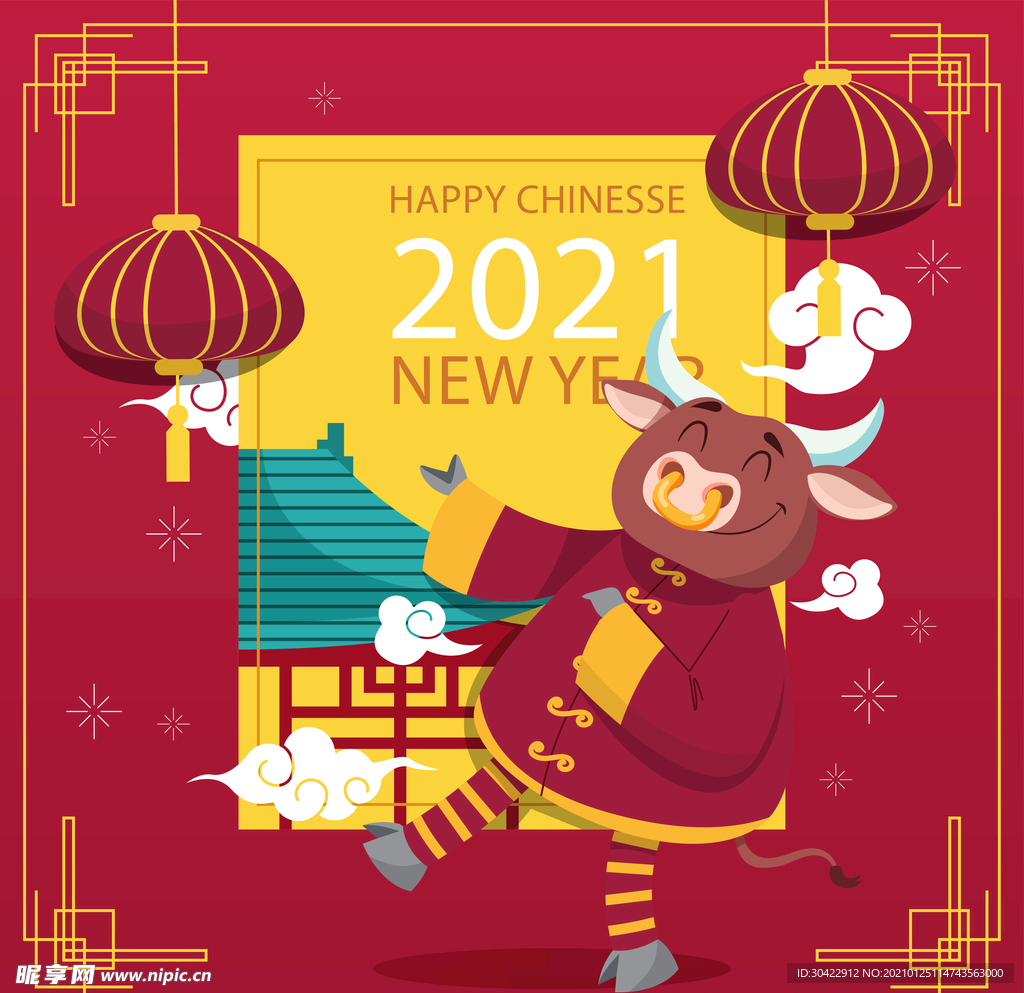AI矢量牛年插画年画新年春节