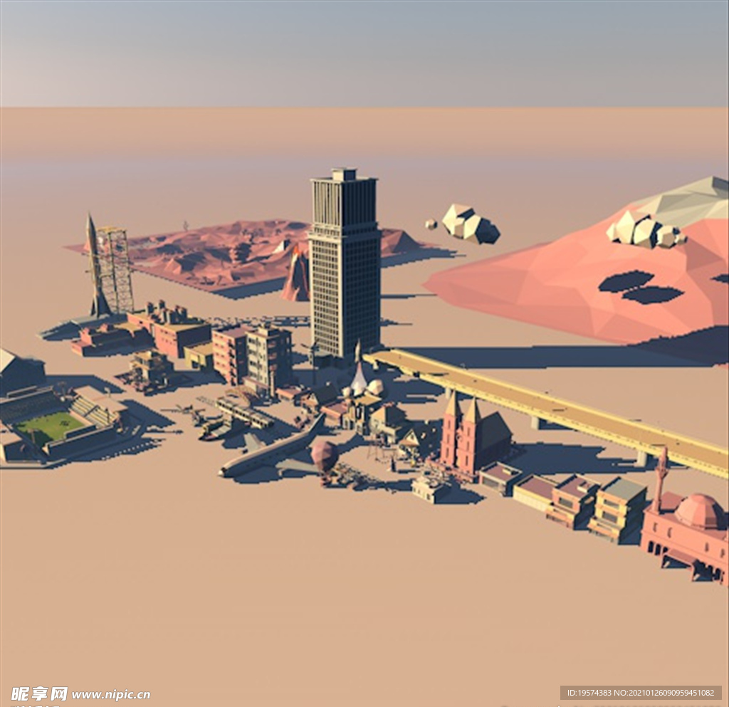 C4D模型 海边城市机场飞机