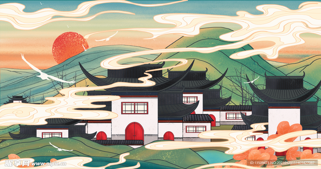 古建筑风景插画