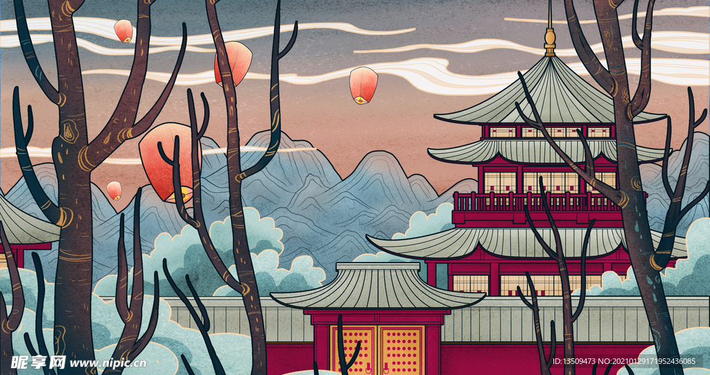 古建筑风景插画