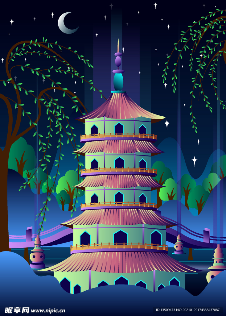 古建筑夜景插画