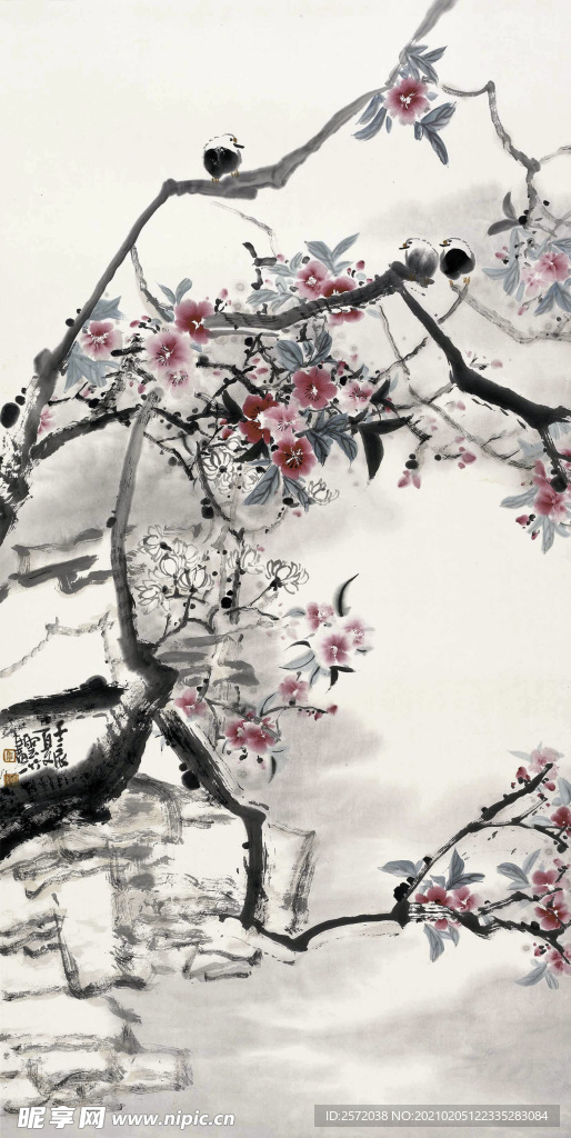 禽栖花枝头