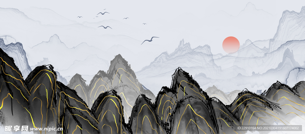 金线烫金山水壁画