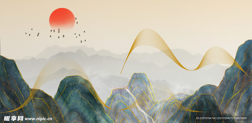 金线烫金山水壁画