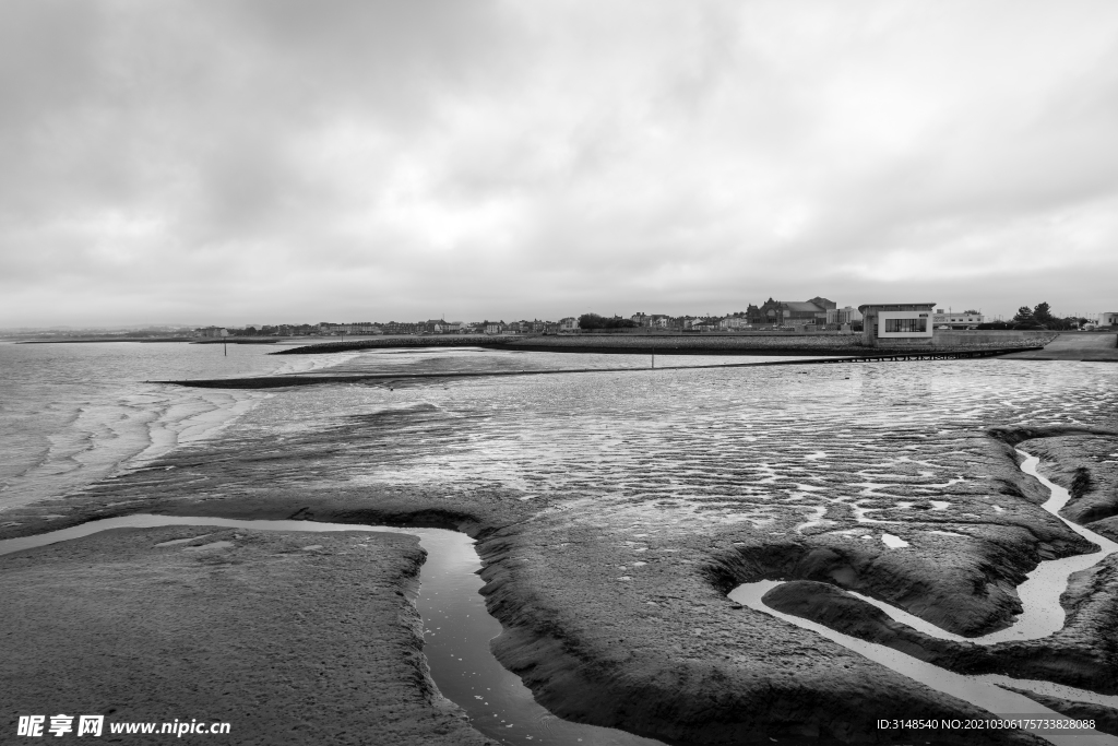 海滩黑白远景图