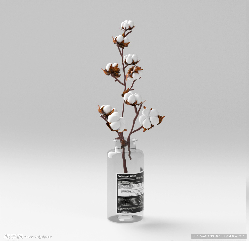 C4D模型盆栽绿色植物棉花插花