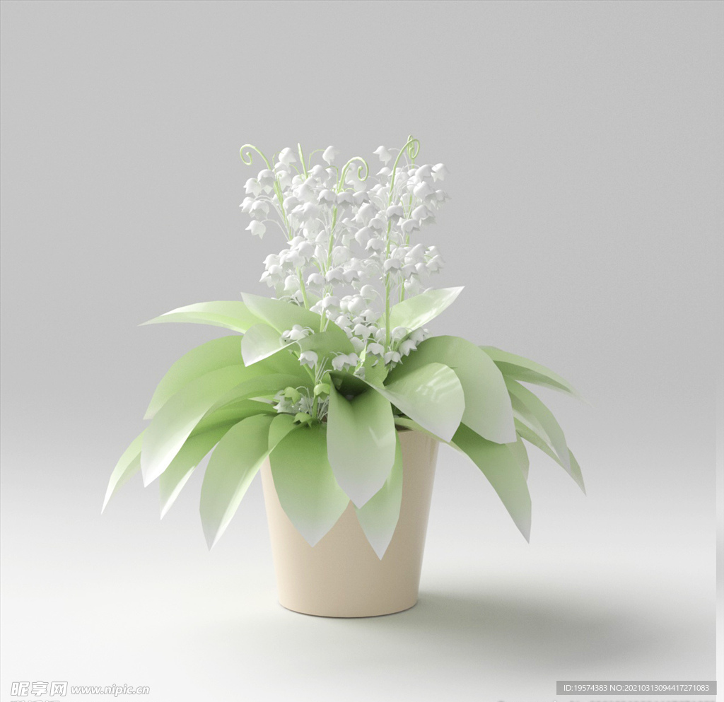 C4D模型盆栽绿色植物铃兰插花