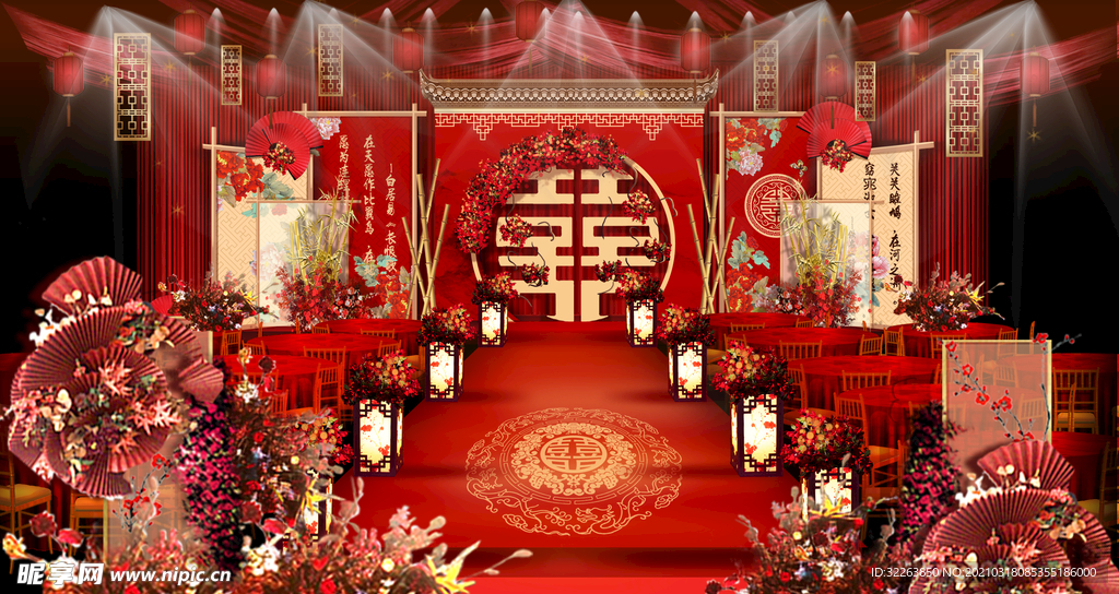 红色古典中式婚礼现场效果图