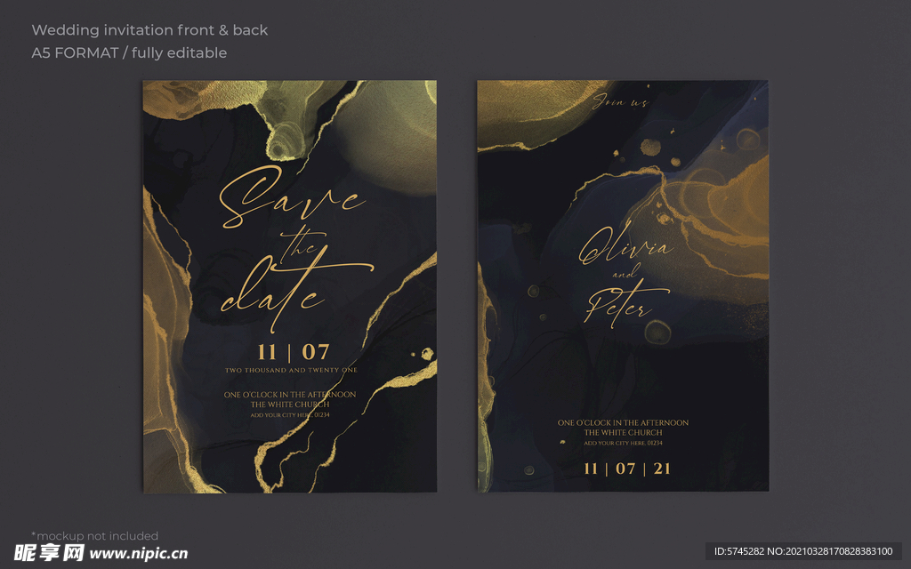 优雅的黑色和金色婚礼请柬