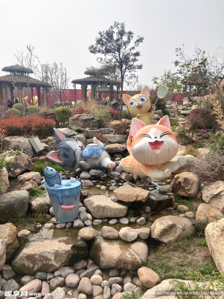 小猫捕鱼花灯溪流石头