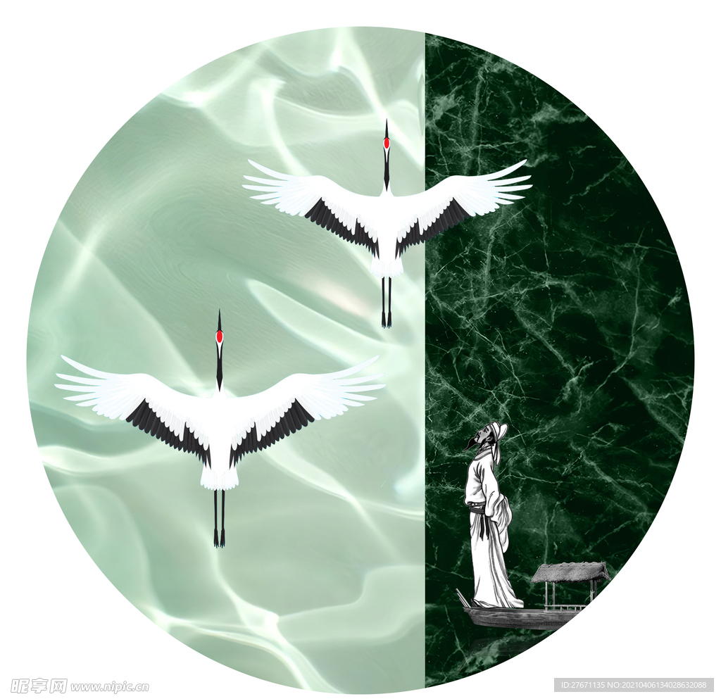 中式仙鹤诗人简约装饰画