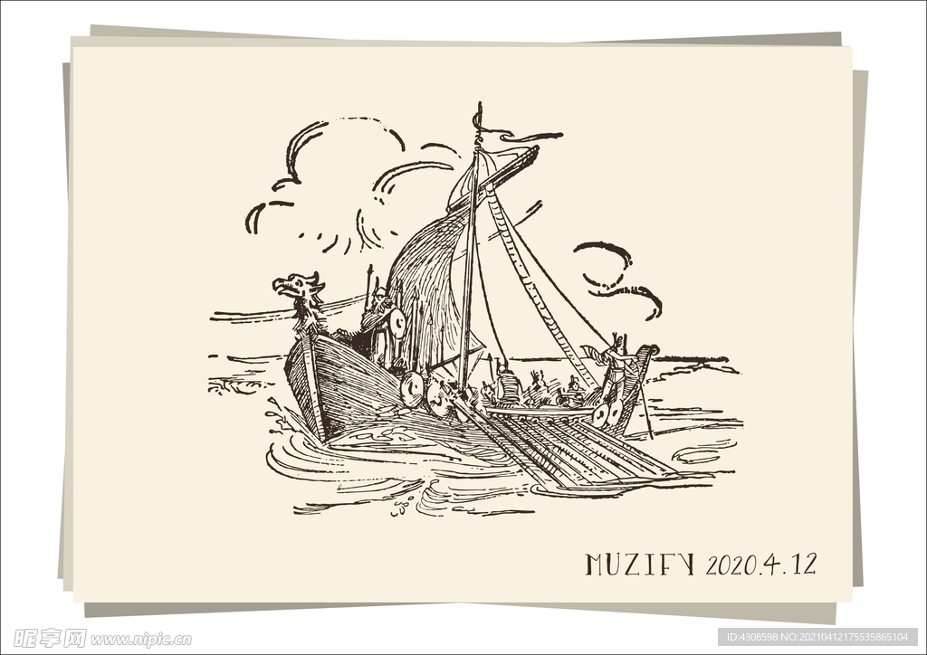 复古船只手绘稿