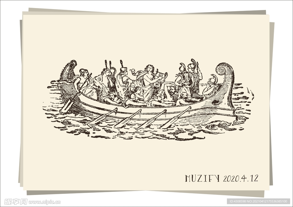 古希腊复古木船手绘稿