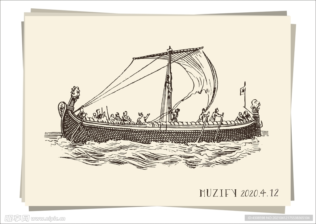 复古风帆木船手绘稿