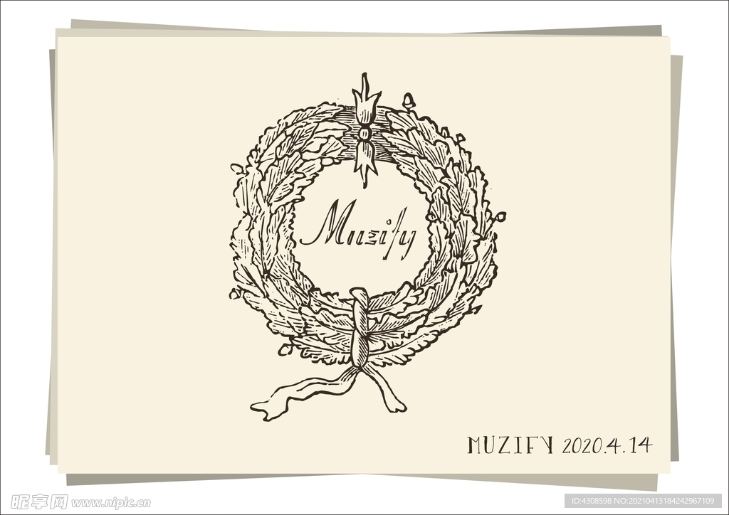 复古橄榄枝花环手绘稿