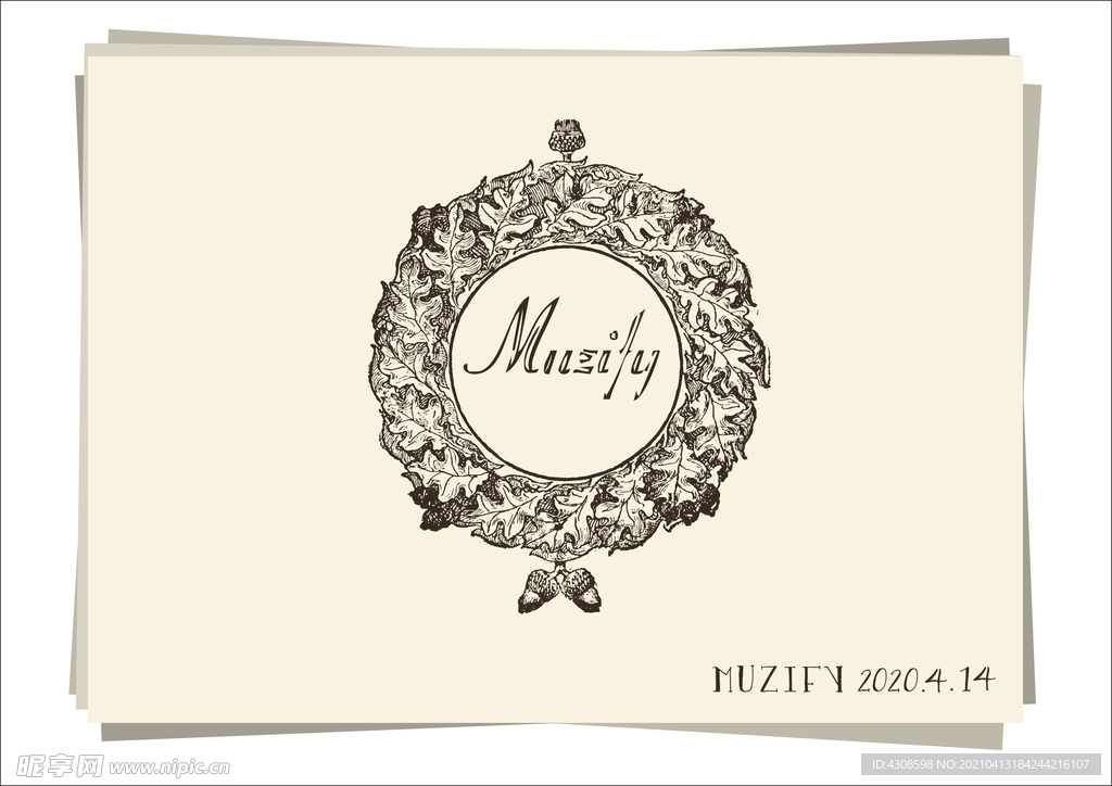 复古蓟植物松果花环手绘稿