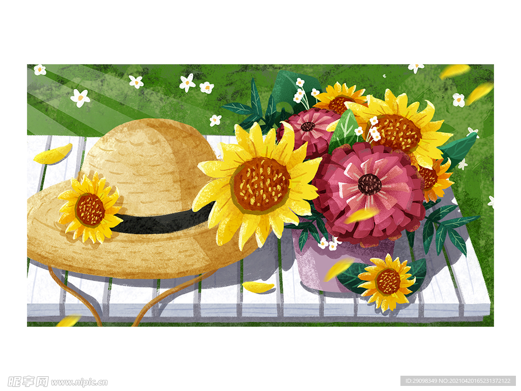 草地遮阳帽手绘插画