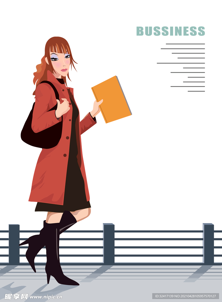 卡通手绘美女逛街插画