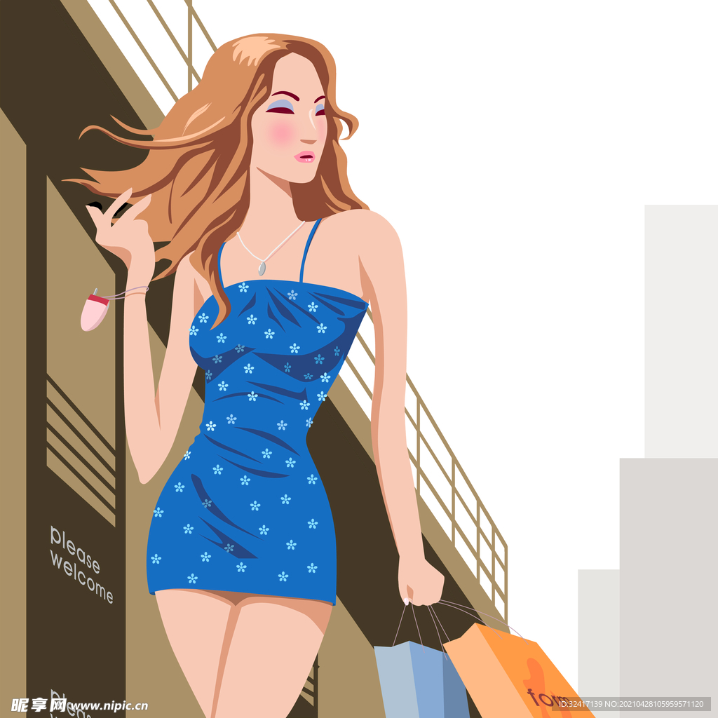 卡通手绘美女逛街插画