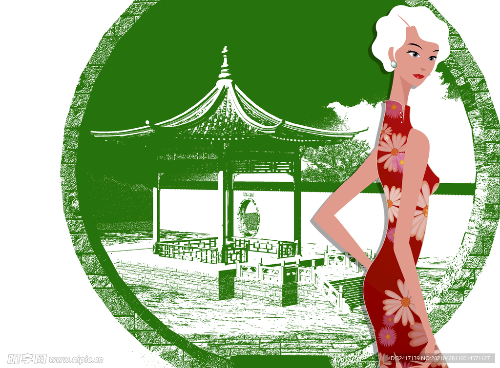 卡通手绘旗袍美女插画