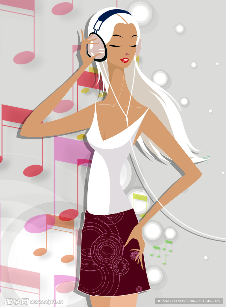 卡通手绘美女听音乐插画