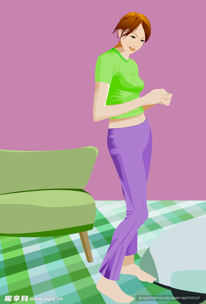 卡通手绘居家美女插画