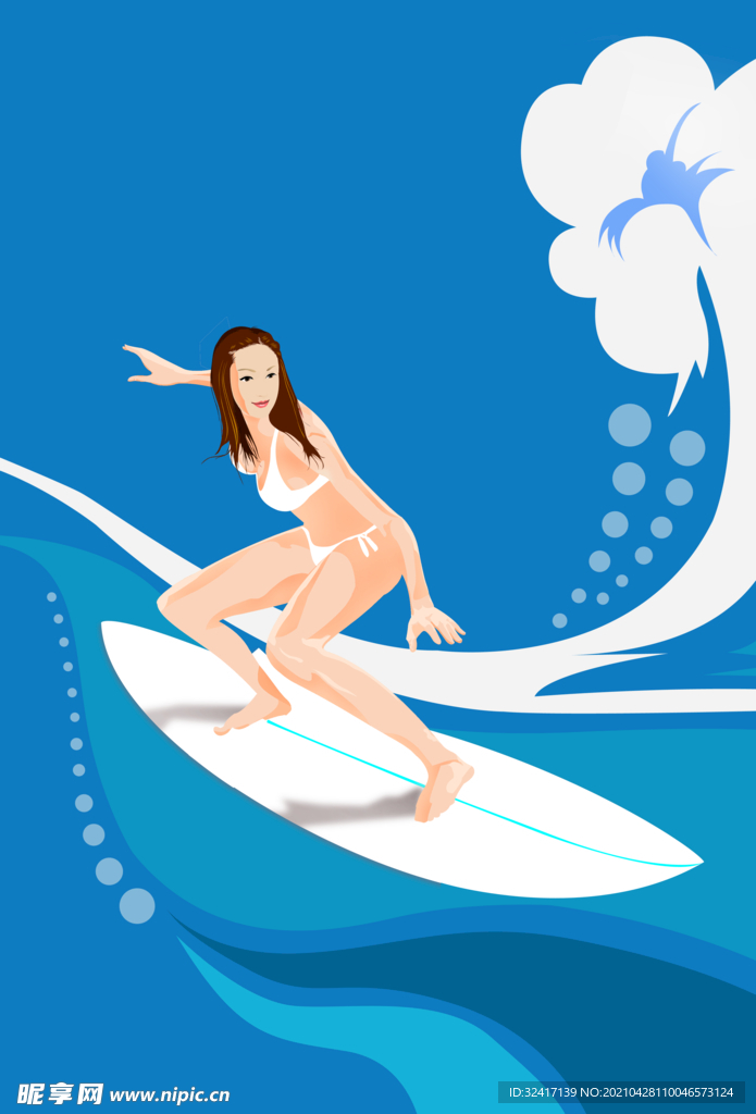 卡通手绘时尚人物美女冲浪元素